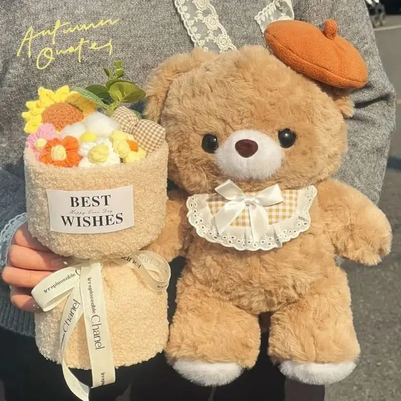 30cm Cute Mocha Brown Teddy Bear Plush Toy Soft Stuffed Animal With Lace Collar Girls Birthday Gift Bedroom Throw Pillow Doll