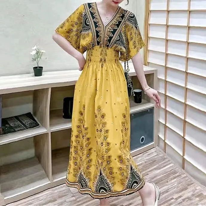 Na co dzień elegancki retro czeski styl narodowy dekolt w serek w pasie duża huśtawka z nadrukiem letnia długa spódnica kobieca sukienka ubrania