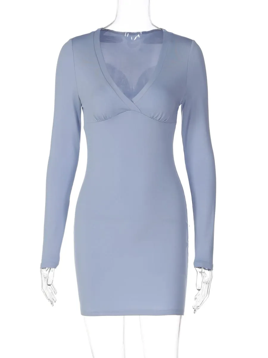 Hugcitar Fashion V Neck Long Sleeve Solid Ruched Sexy Bodycon Mini Prom Dress Autumn Female Clothes Evening Party Birthday