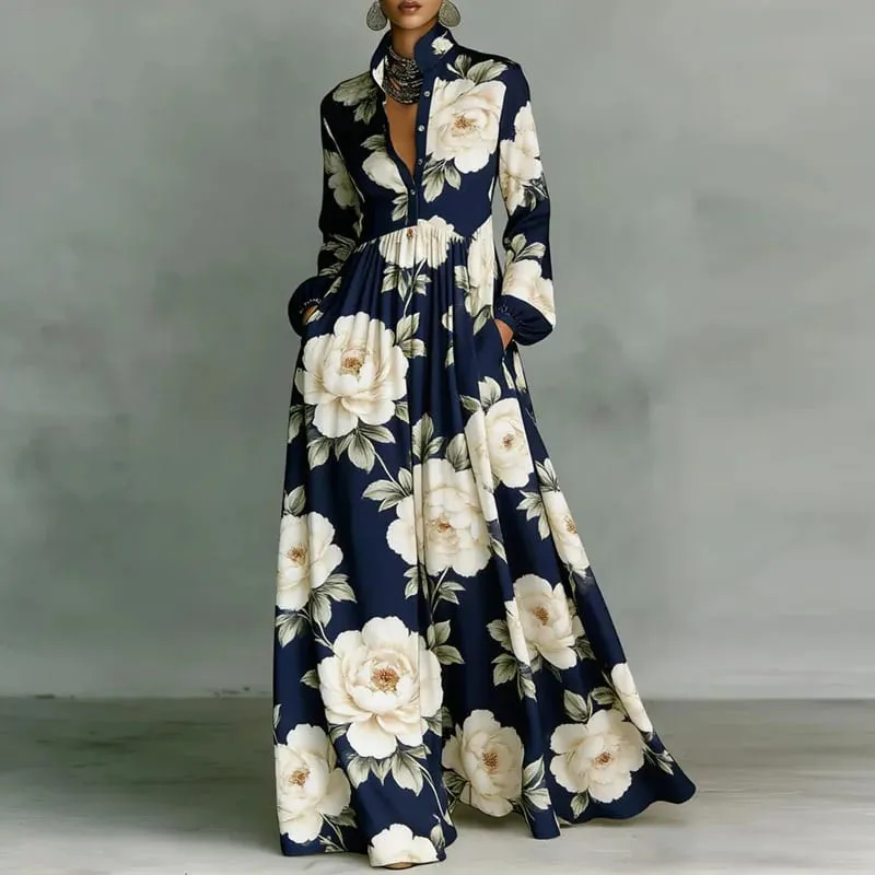 Retro Pattern Print High Waist Pleated Dress Woman Spring Shirt Collar Button Pockets Maxi Dress Long Sleeve Boho Vacation Dress