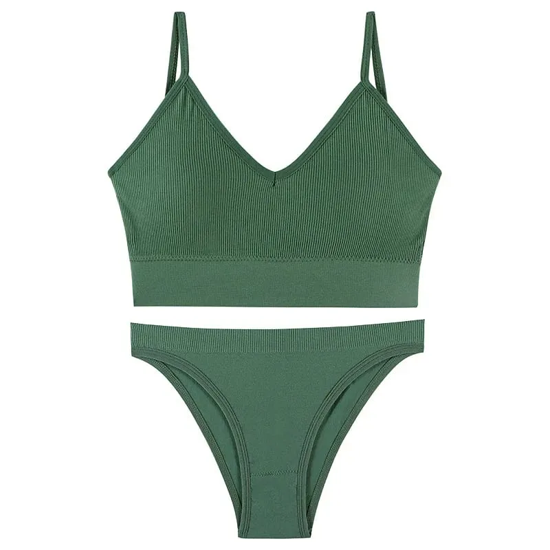 Dámská bezešvá žebrovaná sada podprsenky Wireless Deep V Bralette Top Kalhotky Dvoudílná sada spodního prádla Sportovní Fitness spodní prádlo
