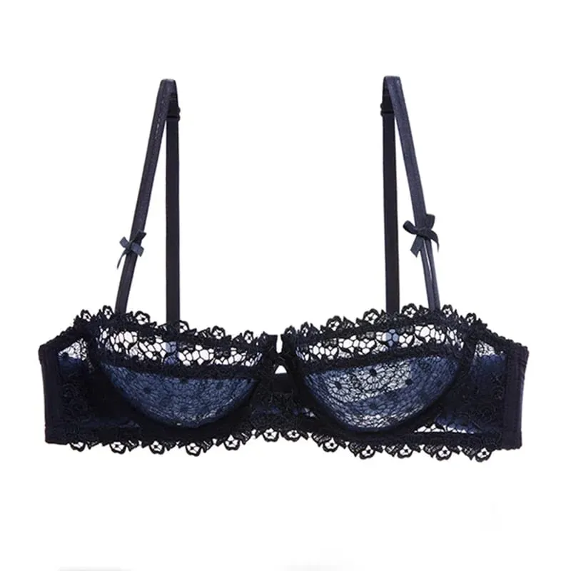 Plus Size Sexy Half Cup Lace Bra Sheer Mesh Unlined Bralette for Women A D Cup Invisible Push Up Underwire Lingerie Set