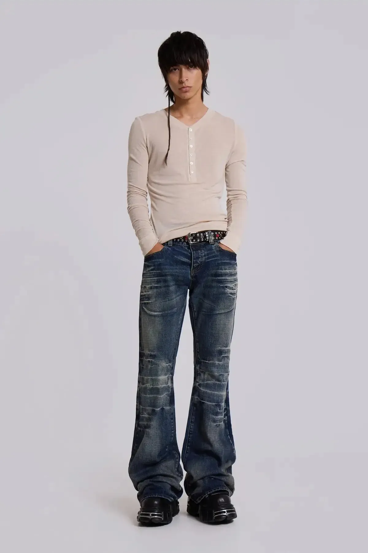 Y2K Mid Blue Flared Jeans Vintage Washed Men Women Bootcut Jeans Gothic High Street Unisex Streetwear Retro Baggy wide leg Pants