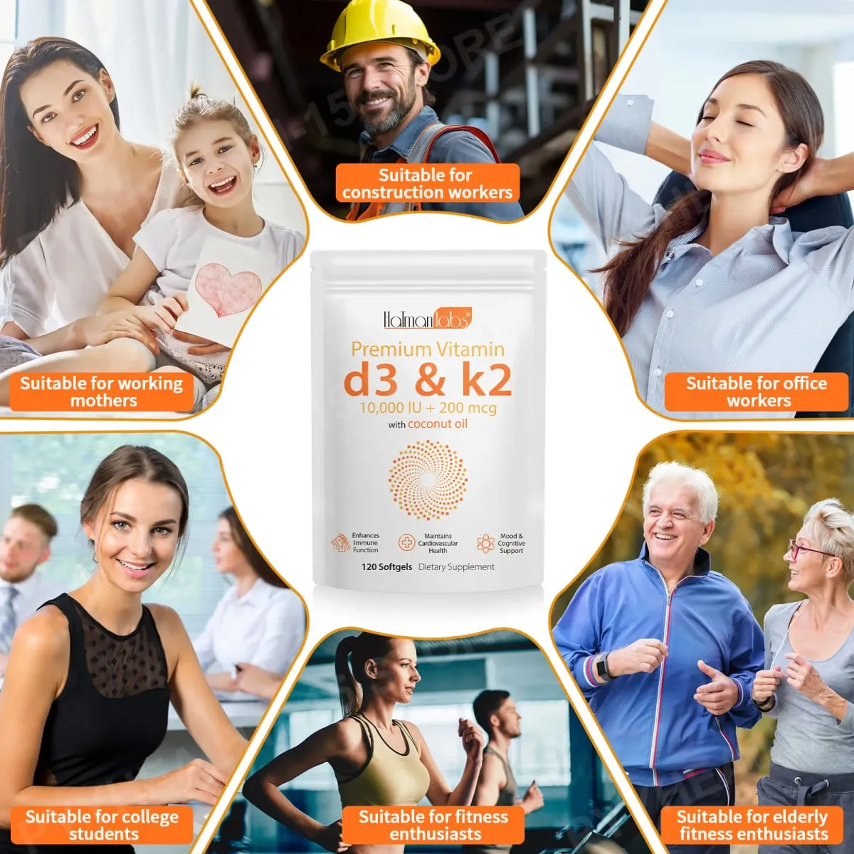 HatmanLabs Vitamin D3 & K2 Softgels with Coconut Oil Bone Health & Cardiovascular Support 120 Softgels Non-GMO Gluten-Free