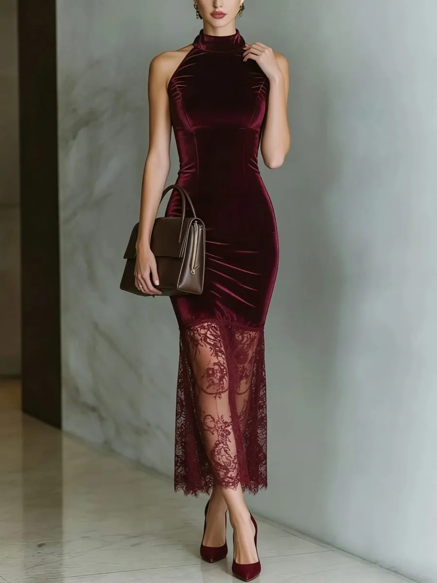 Solid Burgundy Velvet Sleeveless Midi Dress High Neck Halter Bodycon Lace Mermaid Hem Night Out Cocktail Party Dress