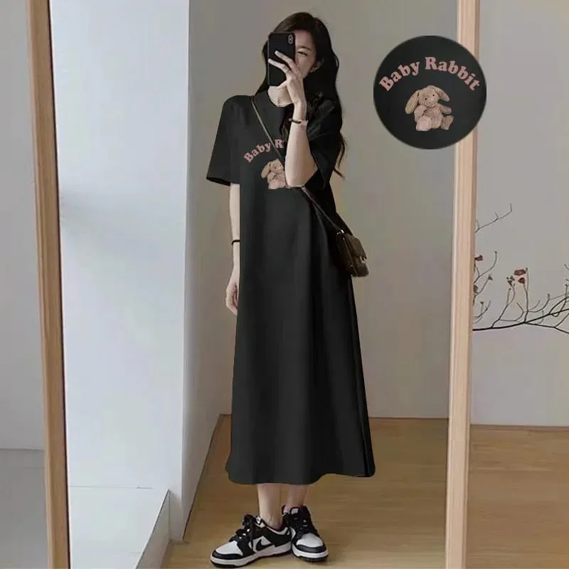 Kawaii Cartoon Rabbit Printed Long Tee Dress Women Loose Short Sleeve Nightdress Soft Breathable Daily Home Wear Pajama Dress