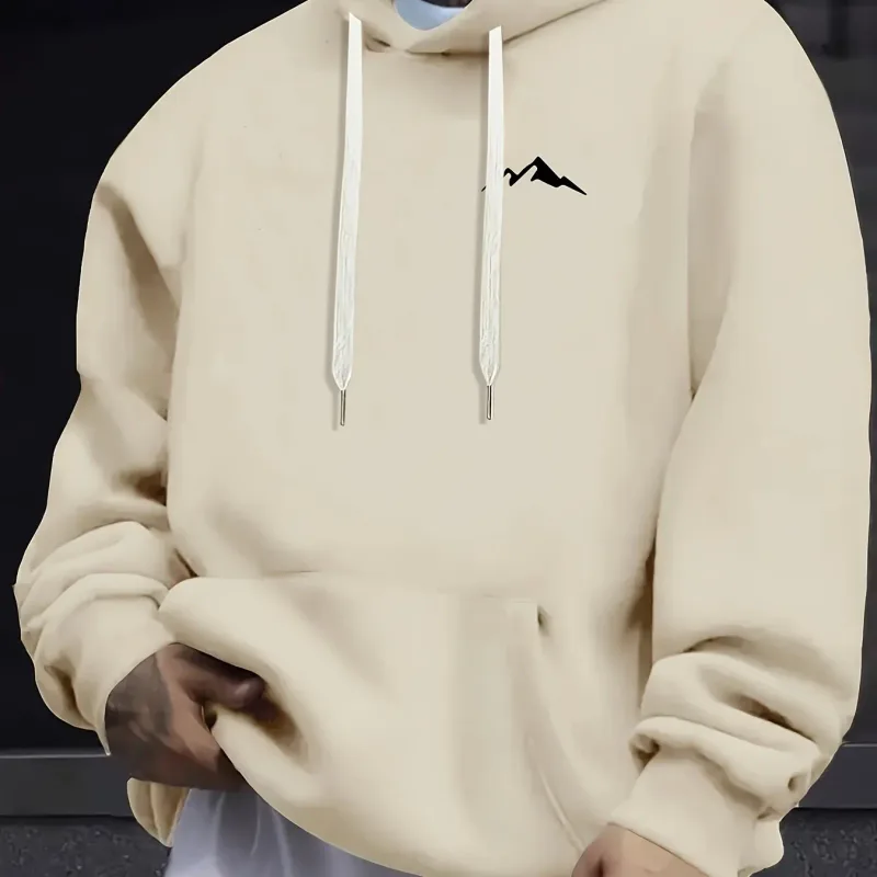Men's autumn and winter casual fashion loose mountain print long sleeved hooded sweatshirt warm pullover