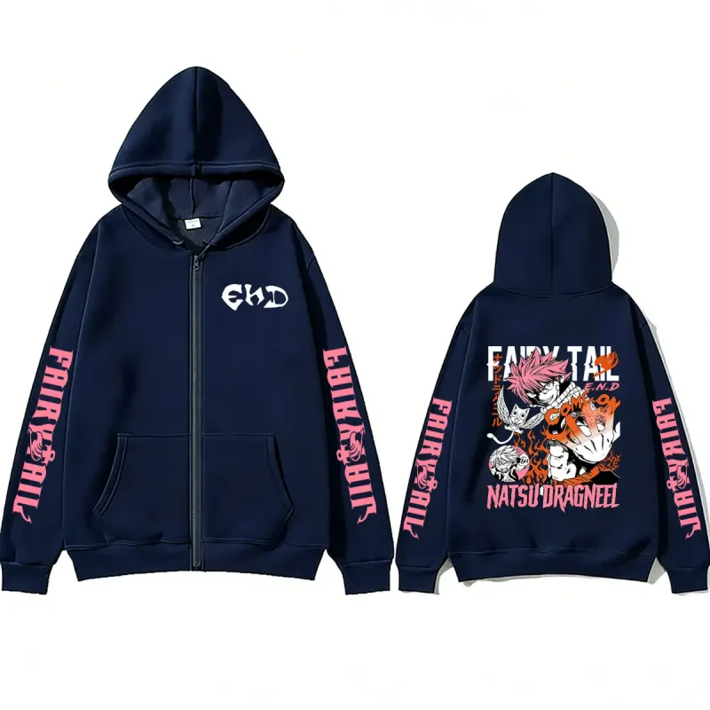 Anime Fairy Tail Zipper Hoodie Manga Natsu Dragneel Graphic Print Zip Up Jacket Coat Men Women Fashion Casual Oversized Hoodies