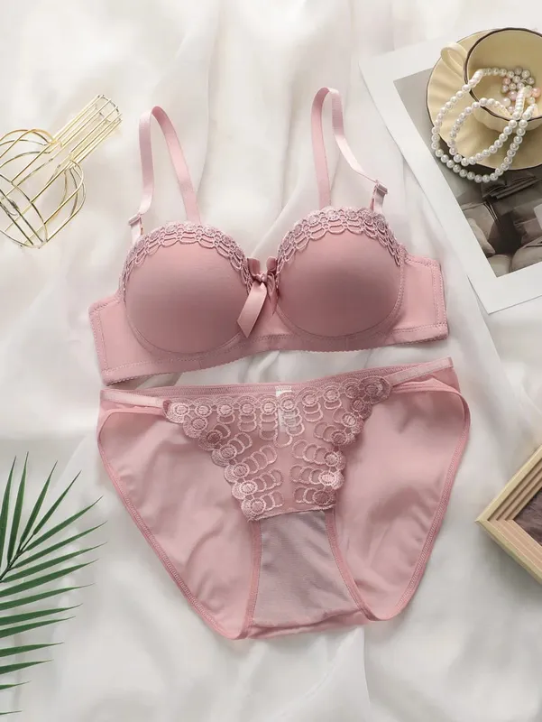 Women's Pink Lace Bra and Panty Set Push Up Underwire Bow Detail Lingerie 2026