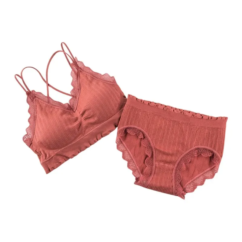 1 Set Casual Lace Dam Seamless BH Set V-hals Andas Underkläder Set Bekvämt med BH Pads Underkläder Set