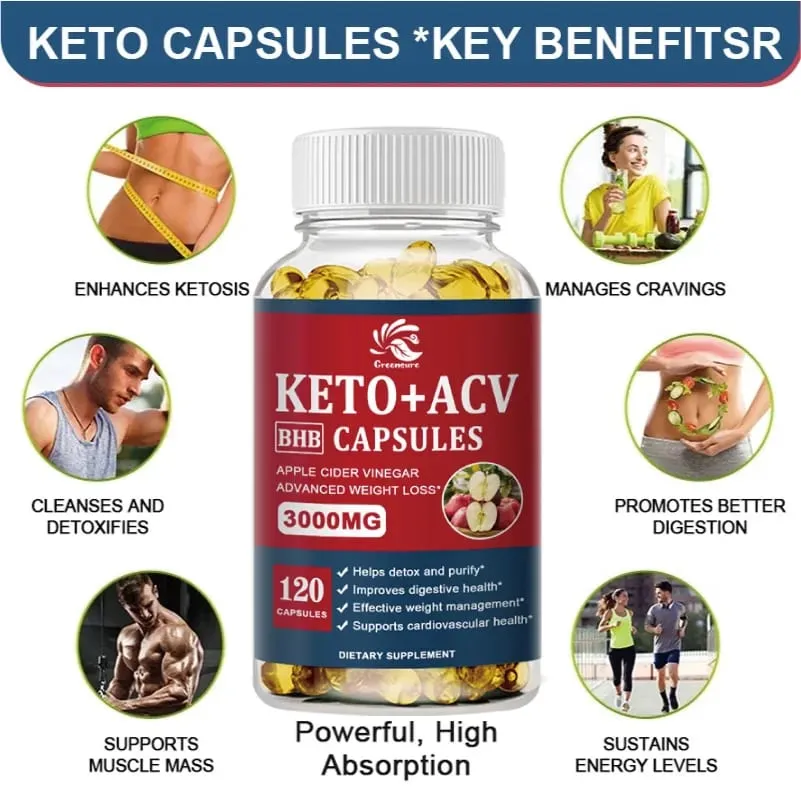 Greensure Keto Elma Sirkesi Kapsülleri ACV, Apple Cider Keto Takviyeleri Erkekler ve Kadınlar için Elma Aromalı Formülü