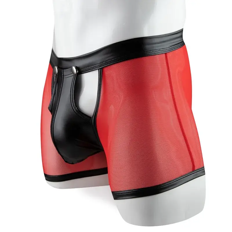 Herren Boxershorts Transparent Mesh Unterwäsche Mann Höschen Kunstleder Abnehmbare Schnalle Beutel Unterhose Cueca Calzoncillo
