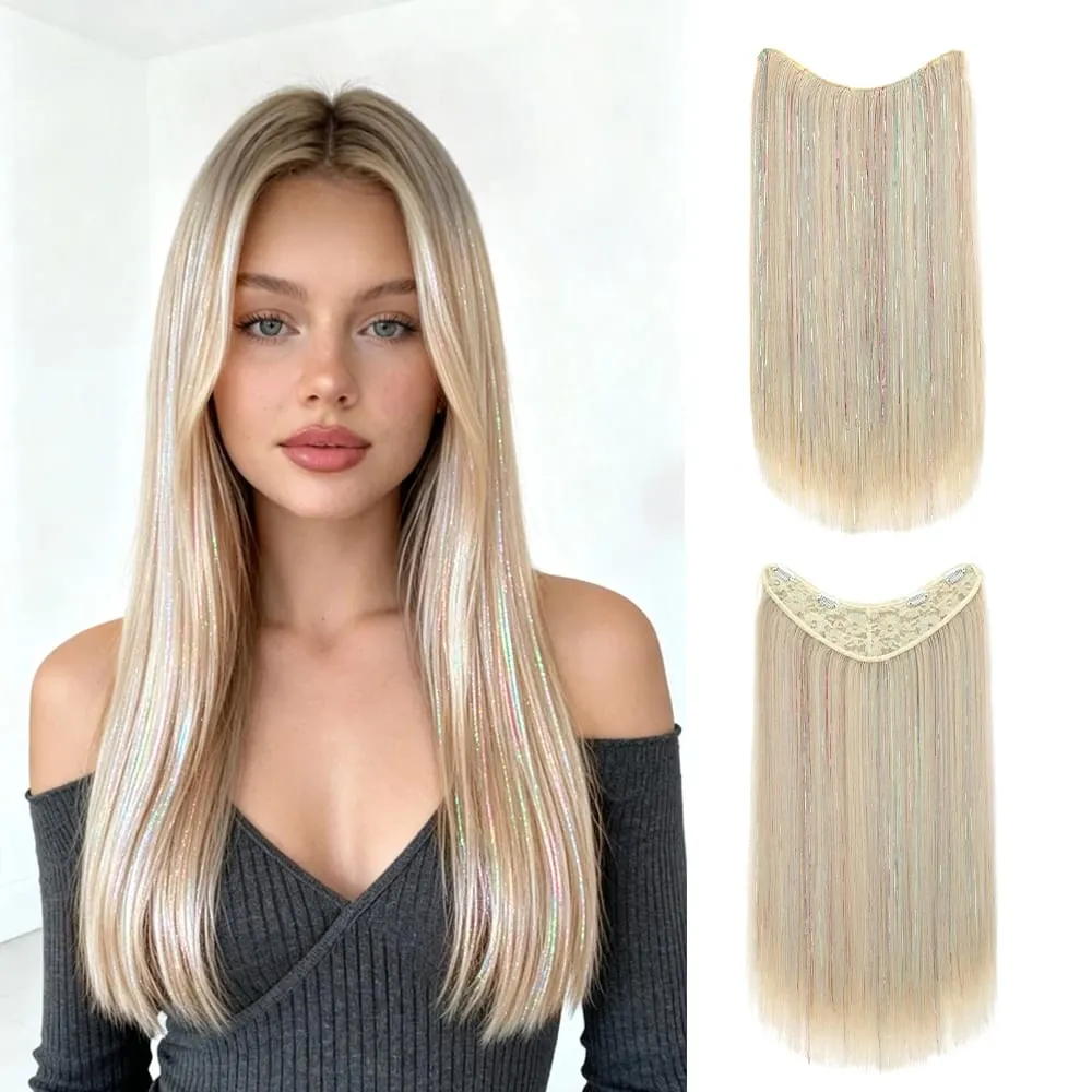 24Inch Long Straight Synthetic Clip‑in Hair Extensions Glitter Laser Tinsel Hair High‑Temp Fiber Shiny Hairpiece for Women Daily