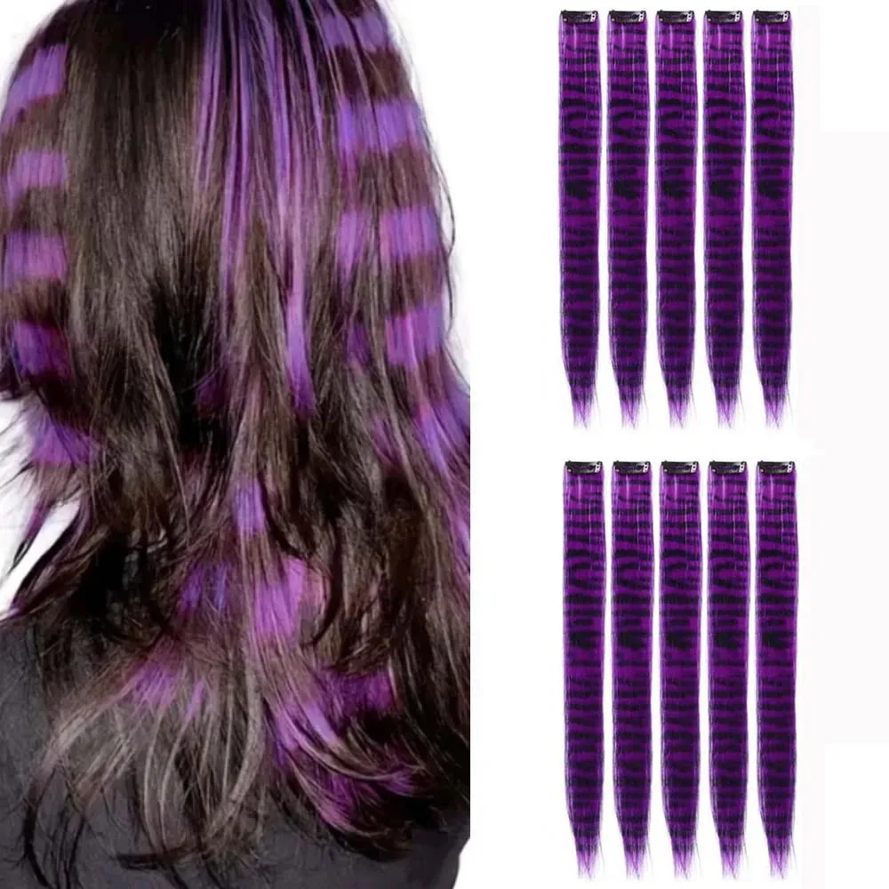10pcs/set Stripe Printed Hair Colorful Long Straight Hair Pieces Synthetic Clip-in Hair Extensions for Daily Use Party Christmas