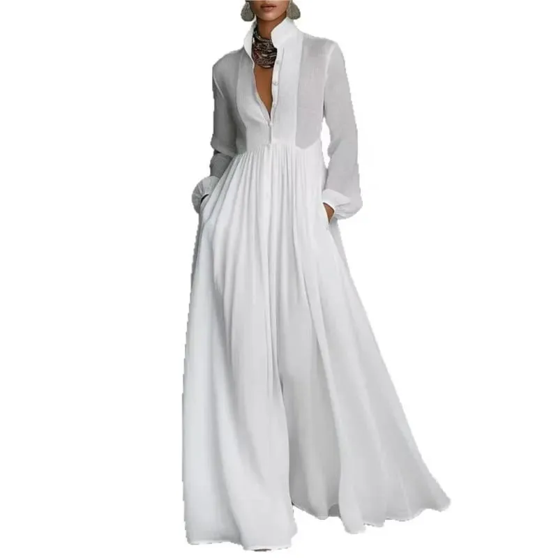 Women's Elegant Single Breasted Long Dress 2026 French High Waist Solid Pockets Pleated Maxi Evening Dress
