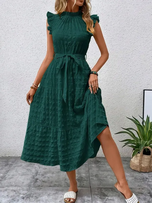 2026 Summer Fashion Flutter Sleeve Women Stand Collar Ruffles Solid Color Elegant Loose Long Dress Lace-up Texture Party Dresses