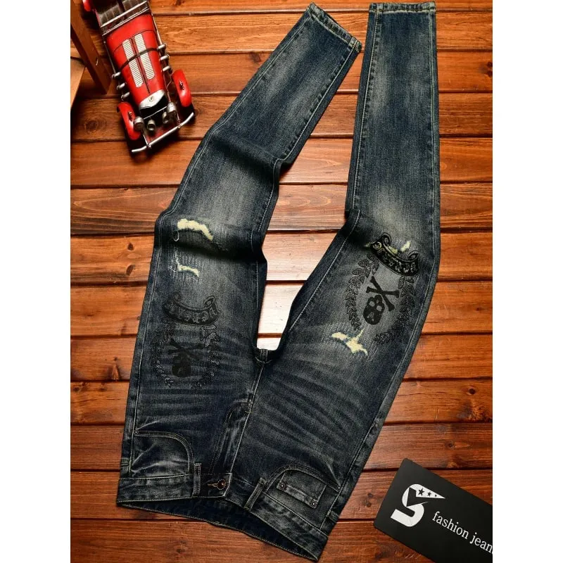 High end jeans men with ripped holes street fashion prints small feet elastic retro and handsome pants