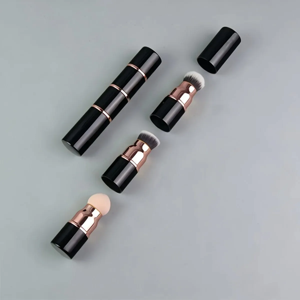 3in1 Mini Portable Makeup Brush with Dust Cap Detachable Sponge Angled Foundation & Powder Heads Bionic Hair Sturdy Aluminum