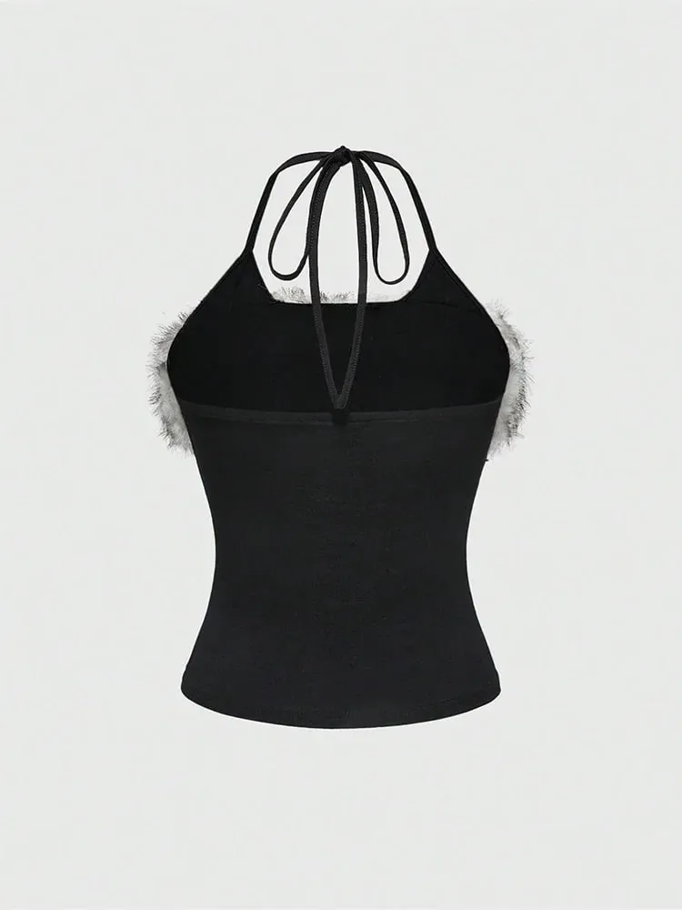 2026 Summer Women Y2K Grunge Goth Streetwear Sexy Faux Fur Trim Cross Letter Print Slim Fit Cropped Halter Neck Cami Tank Top