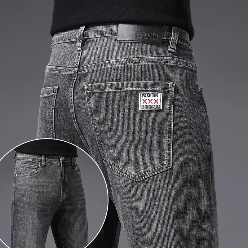 Men's Soft Stretch Straight Jeans Business Casual Slim Fit Wash Denim Pants Korean Fashion Blue Gray Male Brand Trousers