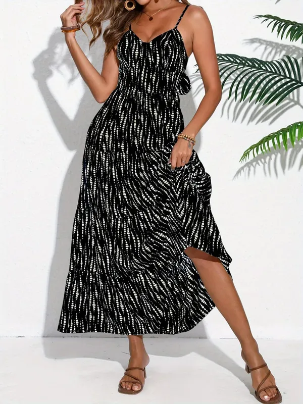 Women's Bohemian-Style Spaghetti Strap Wrap Dress with Lace-Up Back – Long Dress for Vacations and Getaways