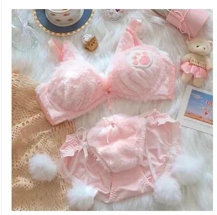Cute Cat Paw Plush Lingerie Set for Women Warm Winter Bra & Panty with Ears Comfortable Kawaii Underwear