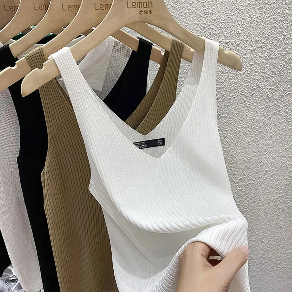 New Summer Sexy V-Neck Sleeveless Knit Women Camis Slim Pure Desire Style Basic Crop Top Korean Style Solid Versatile Tank Top