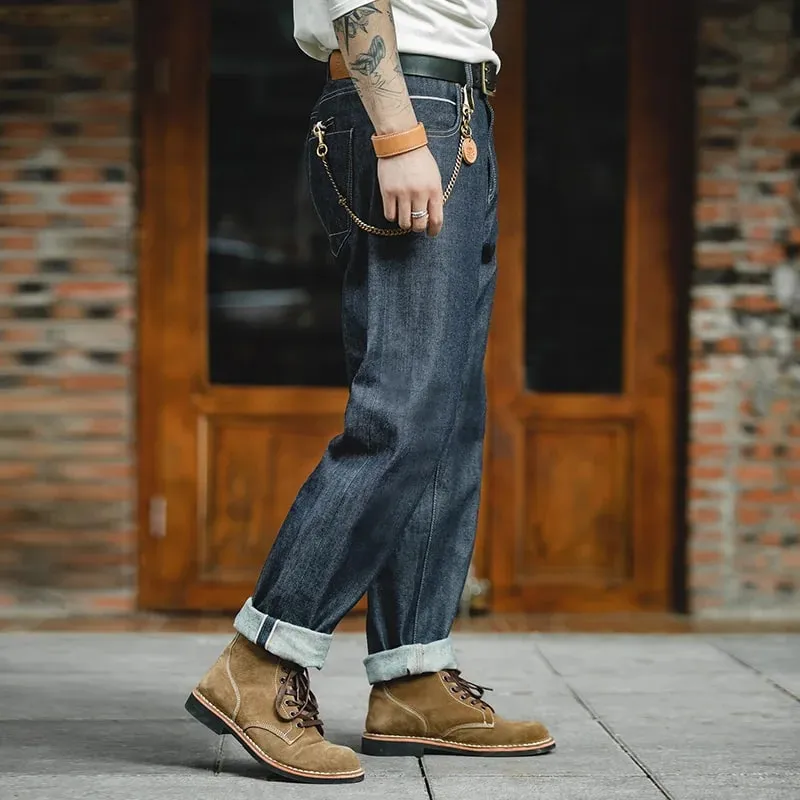 Maden vintage 13.5oz pesado ourela jeans cru masculino ajuste reto calças de algodão casual bolso outono inverno — image 3