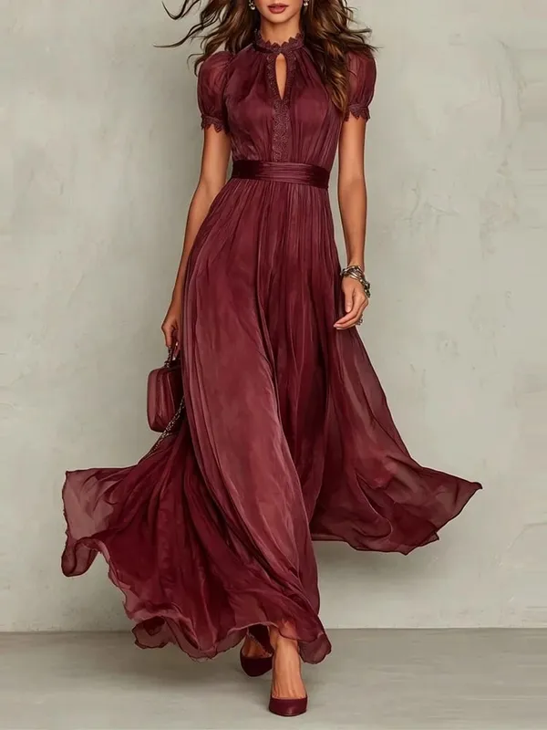 Vintage Solid Lace A-Line Long Dress Women's O Neck High Waist Pleated Party Dress Summer Short Sleeve Flowy Maxi Dresses