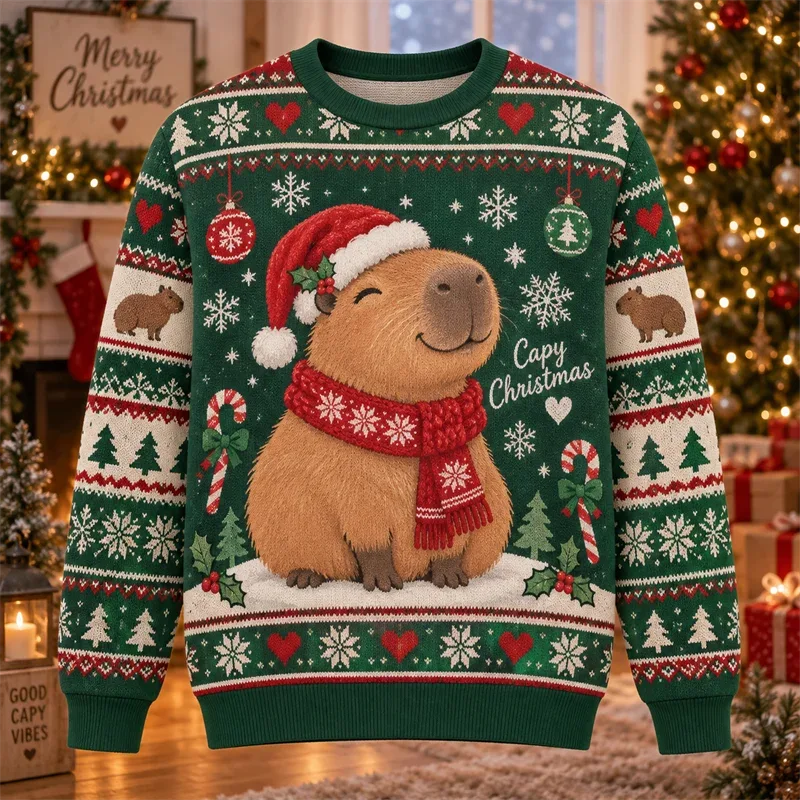 Capybara Christmas Sweater Funny Animal Holiday Graphic Crewneck Xmas Pullover Winter Party Gift Casual Streetwear Festive Top