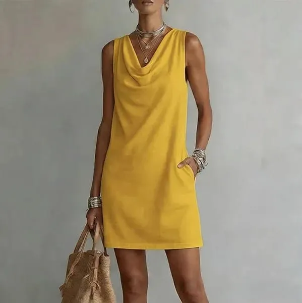 Women Casual Loose V-Neck Sleeveless Pocket Ruffles Dress Spring Summer Vest Tank Midi Dresses