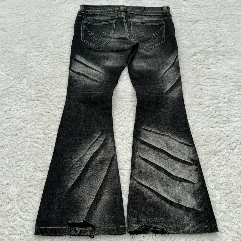Y2K Distressed Flare Jeans Gothic Men Double Waist Lace Up Denim Pants Retro Washed Scratches Streetwear Unisex Bootcut Jeans