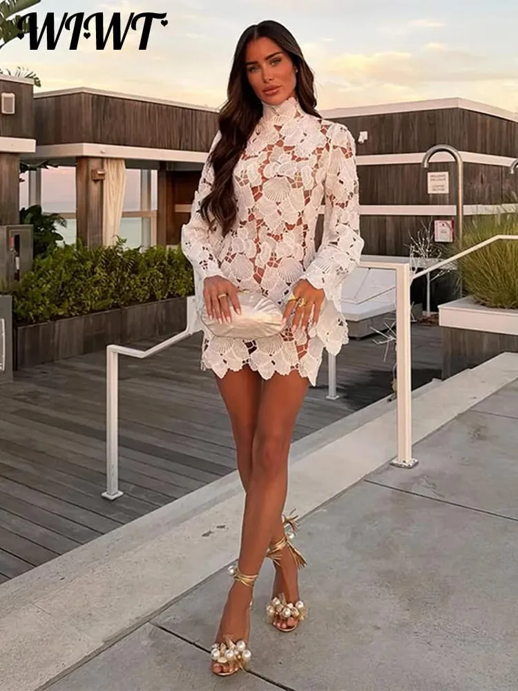 White Crochet Hollow-out Mini Dresses Women's Sexy Irregular Hem Stand Collar Full Sleeve Dress 2026 Summer New Lady Party Gowns