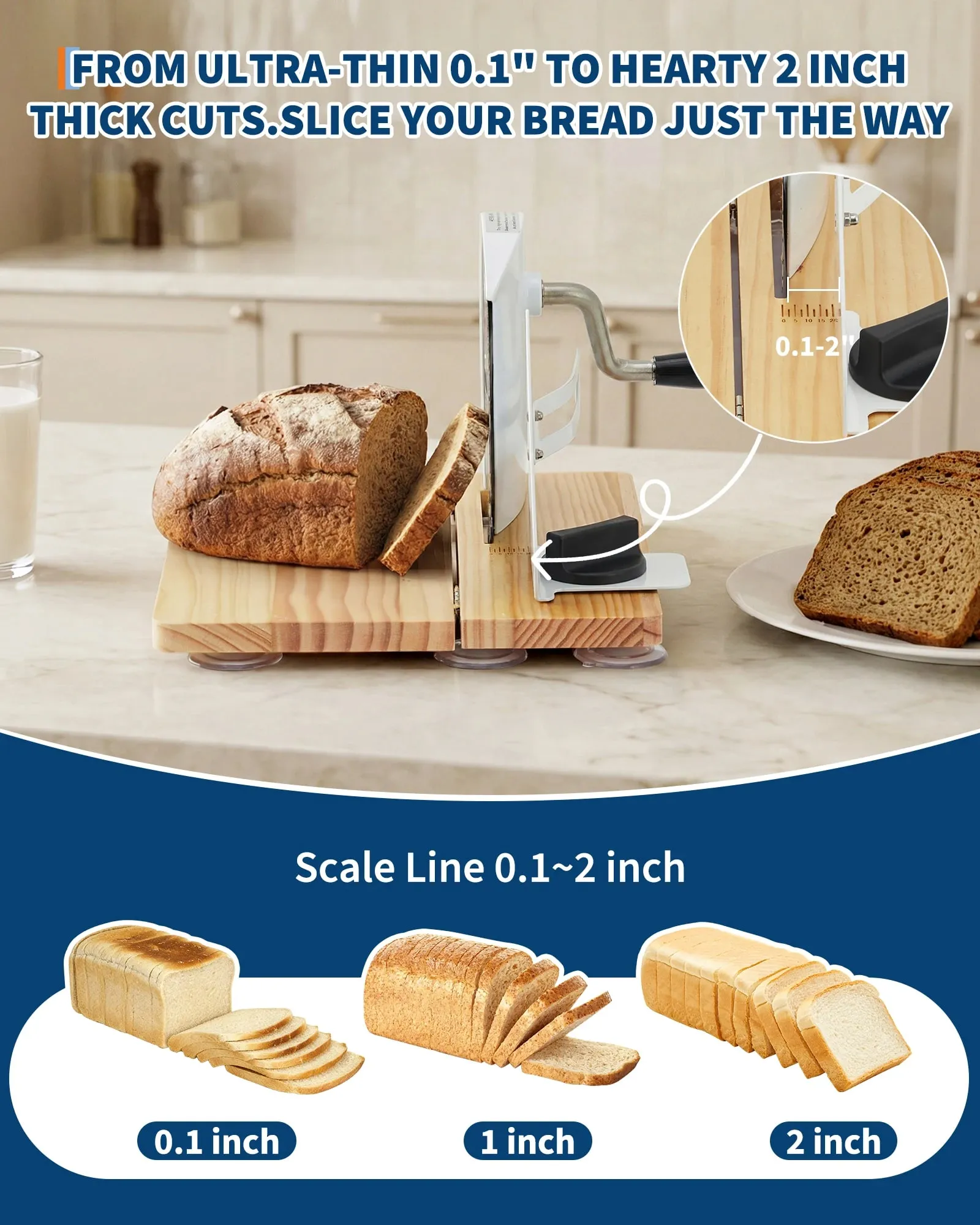 Manual Bread Slicer Foldable Wooden Bread Slicer with 0.1"-2" Adjustable Thickness Food Grade Bread Cutter for Homemade Bread Toast and Bagels