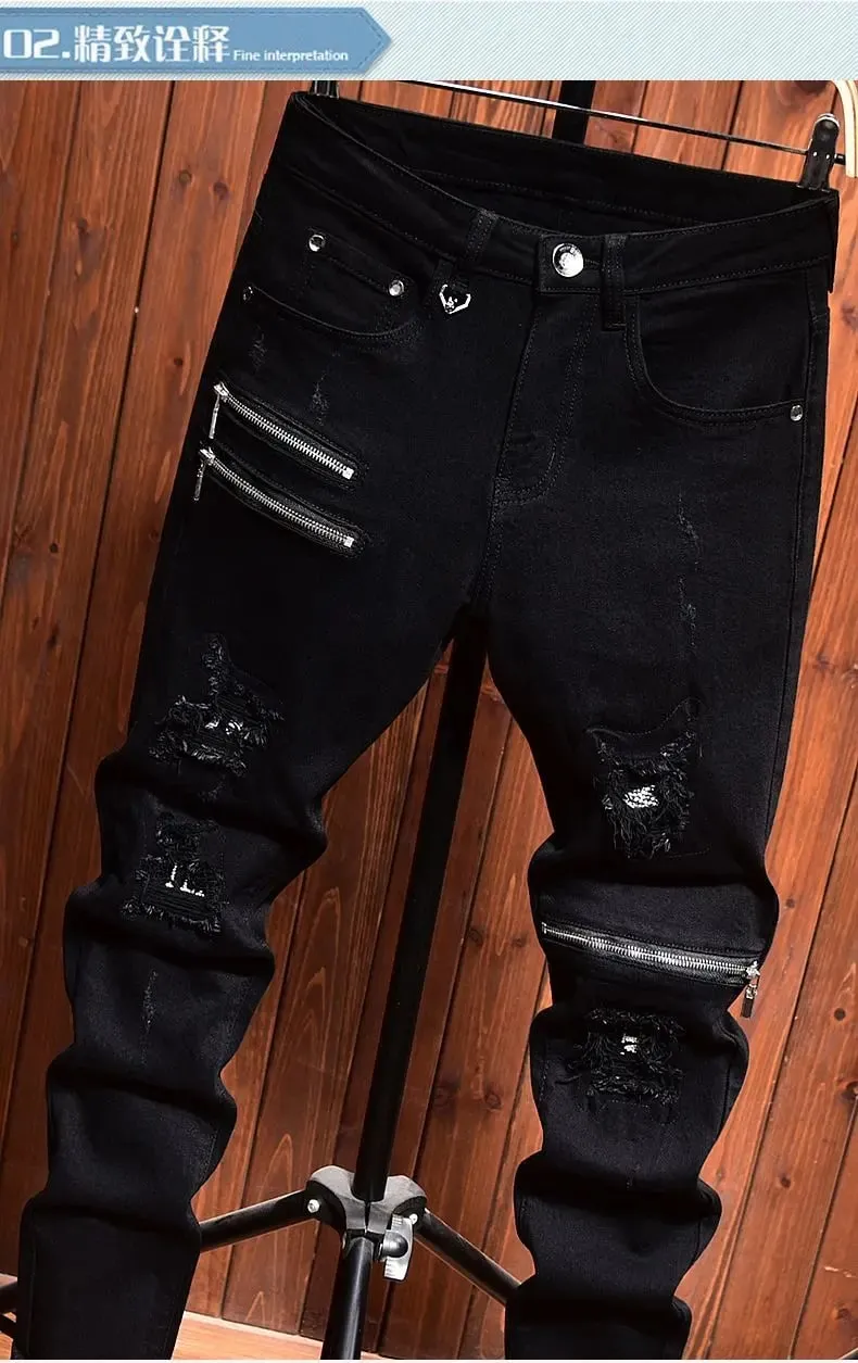 2025 Jeans Men's Spring Autumn Versatile Korean Black Elastic Slim Small Feet Zipper Pants Autumn Cowboy Man Pants Design Jeans