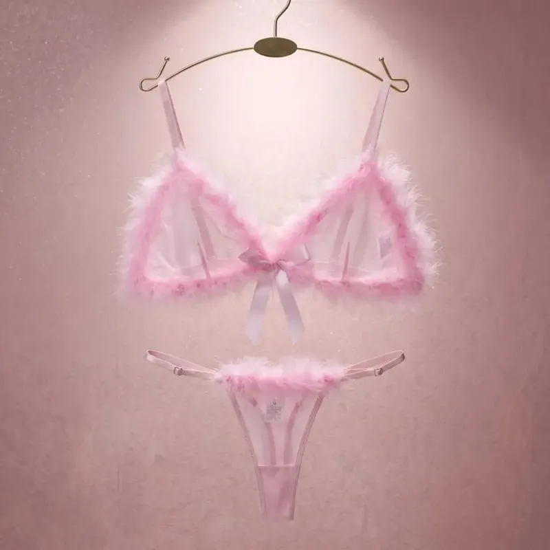 Sweet Furry Women's Underwear Wireless Mesh Transparent Lingerie Set Bow Decor Romantic Intimate Bra Panties Suit Home