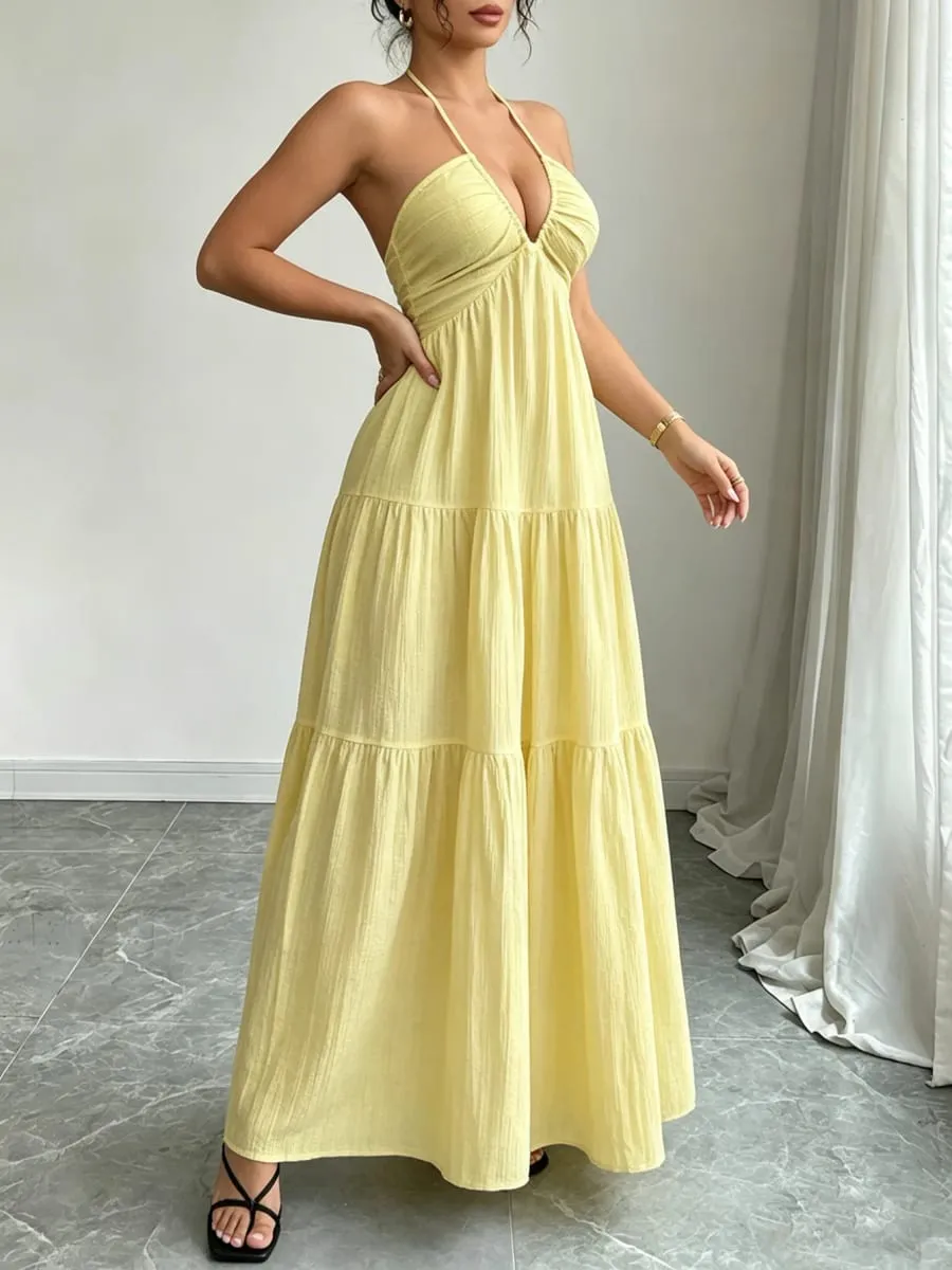 Women Halter Maxi Dress Neck Tiered Gathered Bust Textured Empire Waist Dresses Casual Boho Summer Date Vacation Beach Dress