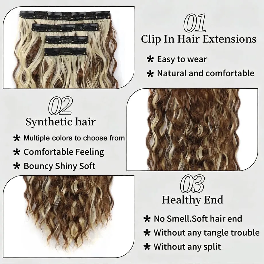 4Pcs Curly Clip in Hair Extension Synthetic Hair Mixed Color Silky Soft Natural Look Invisible Lace Weft Hairpieces for Women