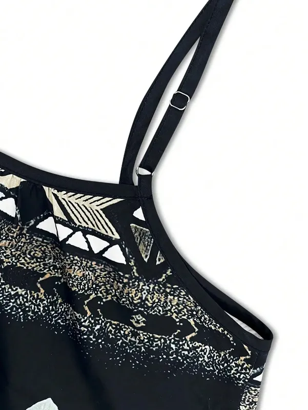 Womens Boho Print Spaghetti Strap Cami Top Loose Fit Summer Casual Tank Black And Gold Tribal Pattern