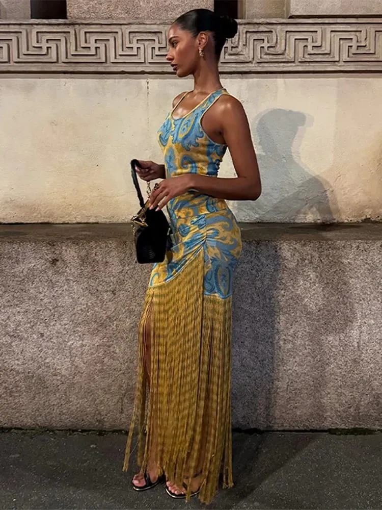 แฟชั่นTasselsพิมพ์ชุดยาวผู้หญิงO-คอPatchworkไม่สม่ำเสมอSlip Vestidos 2025 ฤดูร้อนหญิงชุดชายหาด