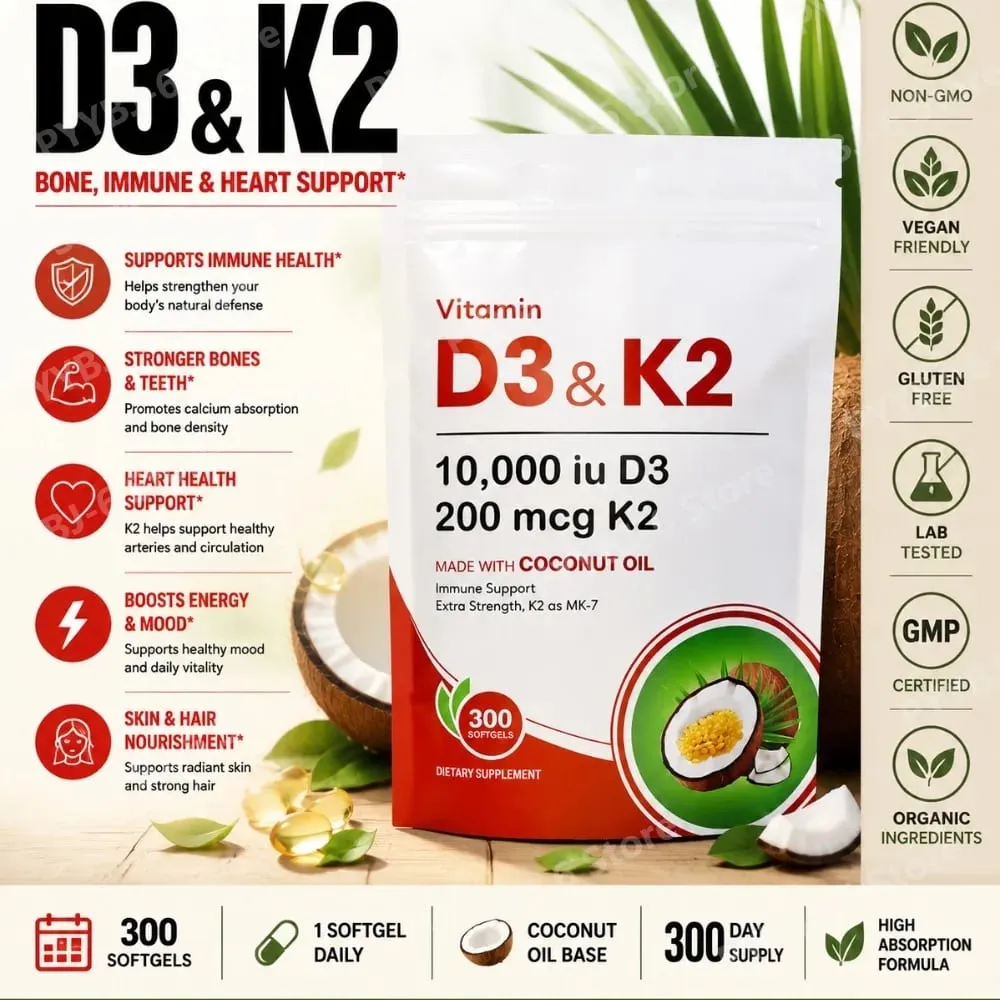 Vitamin D3 K2 Supplement 10 000 IU D3 200mcg K2 MK7 with Coconut Oil High Absorption Softgels for Bone & Immune Support 300Count