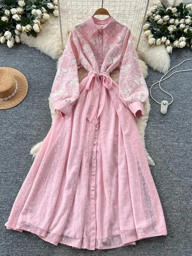 French Vintage Lace Embroidered Lapel Lantern Sleeve Dress Women Korean Slim Fit Waist Mesh Slim Long Dress — image 2