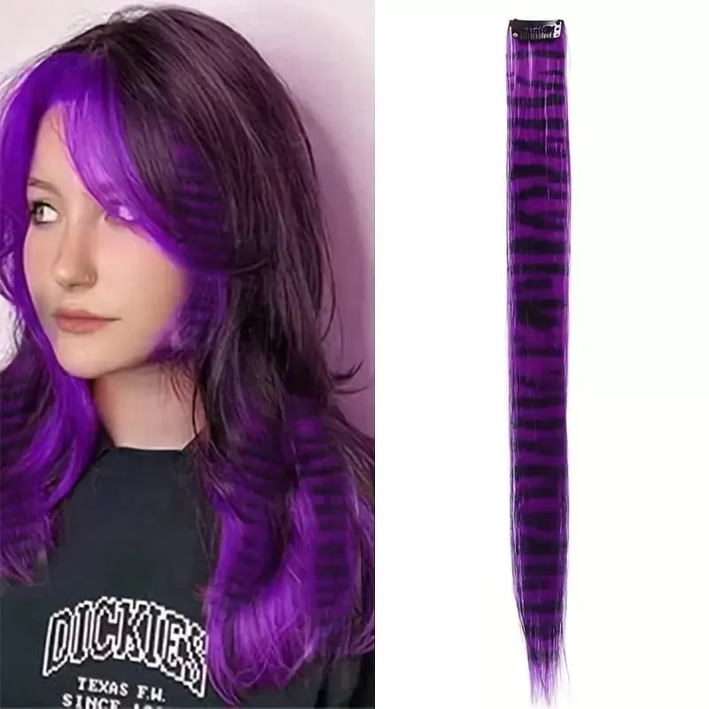 3pcs/set Stripe Printed Hair Colorful Long Straight Hair Pieces Synthetic Clip-in Hair Extensions for Daily Use Party Halloween