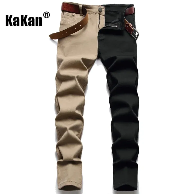 Kakan Slim Slim Fit Pie pequeño empalmado Bi-color Jeans europeos y americanos nuevos pantalones vaqueros de pierna recta K021-1266 para hombres