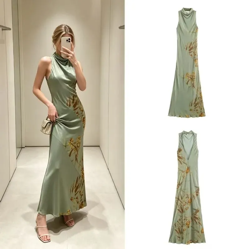 2026 女款簡約服裝優雅半高領修身無袖露背百褶印花性感派對俱樂部長裙