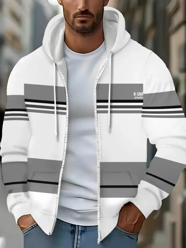 Hoodies for Man Striped Print Full Zip Sweatshirt Outdoor Wear Man Hoodie Fashion Casual Loose Sports Tops Pullover Man Clothing