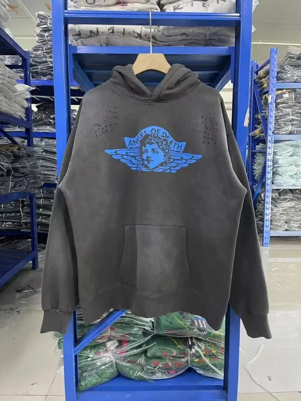 24FW SAINT Vintage Angel Printed Distressed Women Men Hooded Sweatshirt Hoodies Oversized Men Casual Cotton Pullover Hoodie