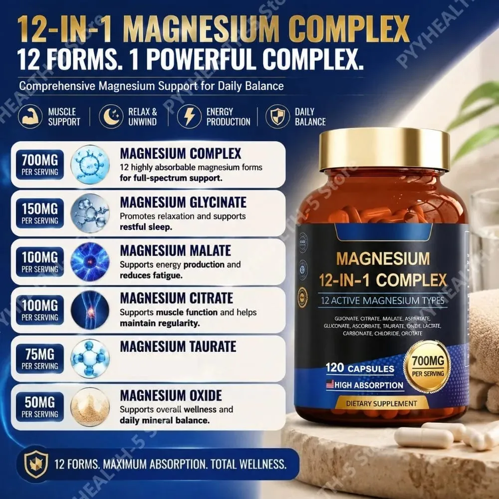 Magnesium 12-in-1 Complex Capsules 700mg Vegan Non-GMO Gluten-Free Supports Daily Nutrition & Relaxation 120 Count