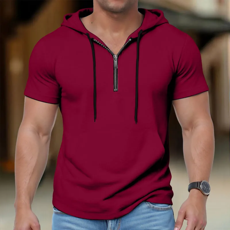 Hoodies casuais de manga curta masculina moda esportes metade zip cordão moletom mostrar mais forte solto respirável fitness hoodies — image 10