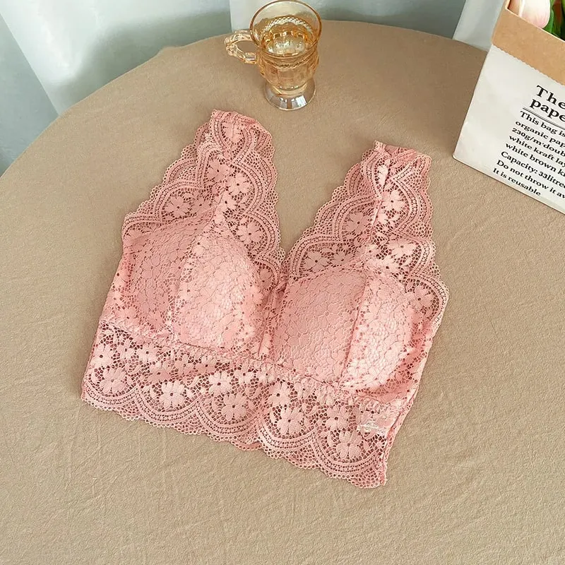 Reggiseno in pizzo Top con scollo a V profondo Bralette Reggiseno corto in pizzo da donna Lingerie sexy Reggiseno a canotta corto imbottito senza fili